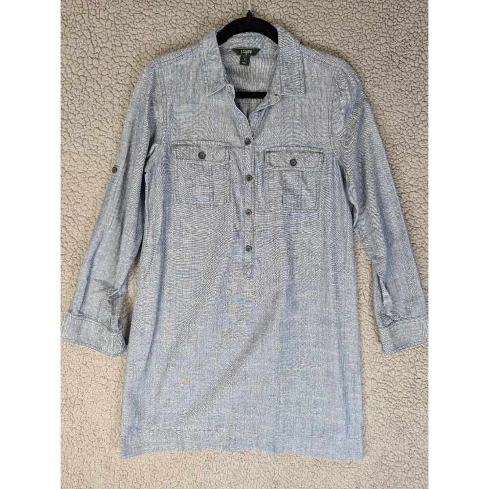 J.Crew Chambray Polkadot Shirt Dress Size S Blue Cotton Roll Tab Long Sleeve